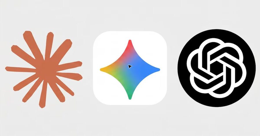Una imagen muestra los logos de Claude (marrón claro), Gemini (estrella multicolor) y ChatGPT (bucle blanco y negro) sobre un fondo gris claro.