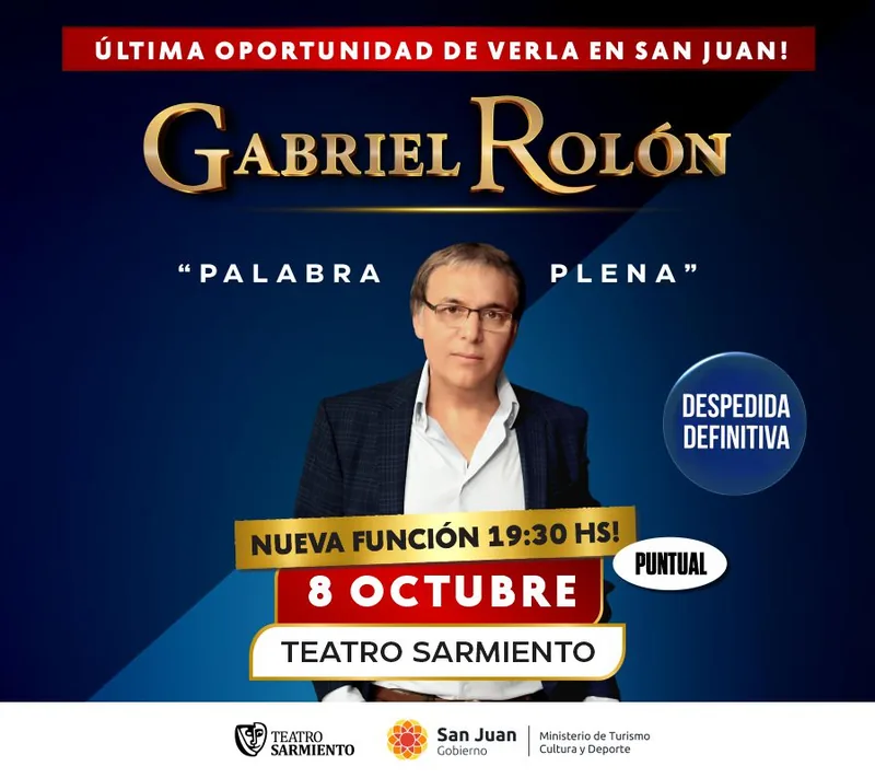 Afiche oficial con fotografía de Gabriel Rolón que anuncia la función de «Palabra plena» del 8 de octubre a las 19:30 en el Teatro Sarmiento.