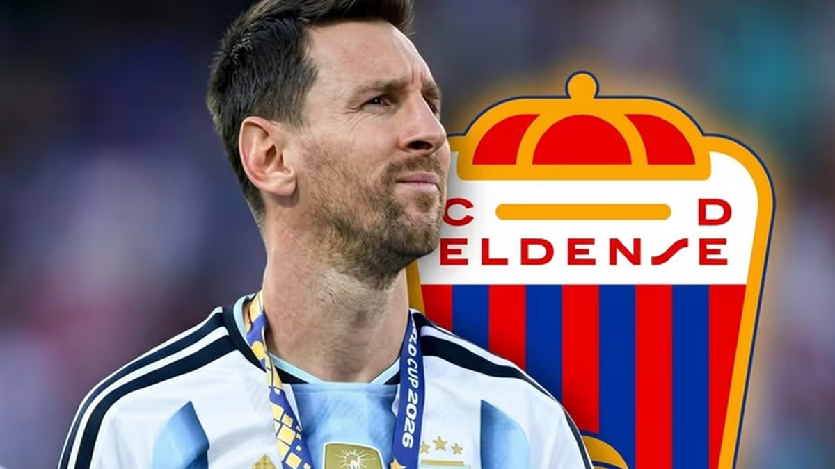 Montaje de un retrato de Lionel Messi y el escudo del CD Eldense, publicado por Diario de Cuyo.