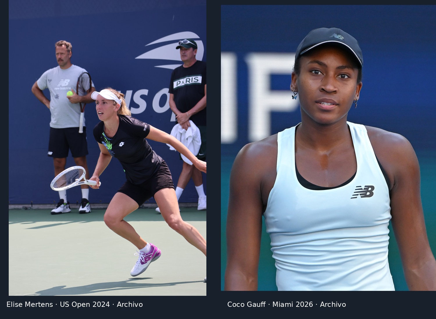 Composición de fotografías de archivo: Elise Mertens durante una práctica previa al US Open el 25 de agosto de 2024, a la izquierda, y Coco Gauff en la final de Miami del 28 de marzo de 2026, a la derecha.