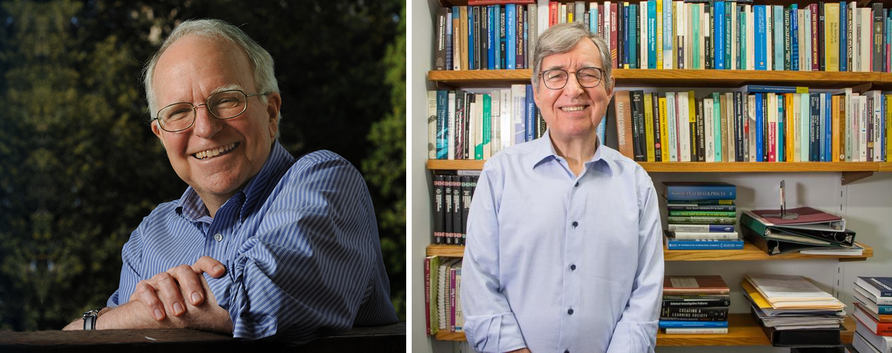 Composición de dos retratos de archivo: Robert E. Hall a la izquierda, fotografiado en 2005, y Michael Woodford a la derecha, en una imagen difundida por la Fundación BBVA en 2025. No es una fotografía de un encuentro ni del anuncio del Nobel.