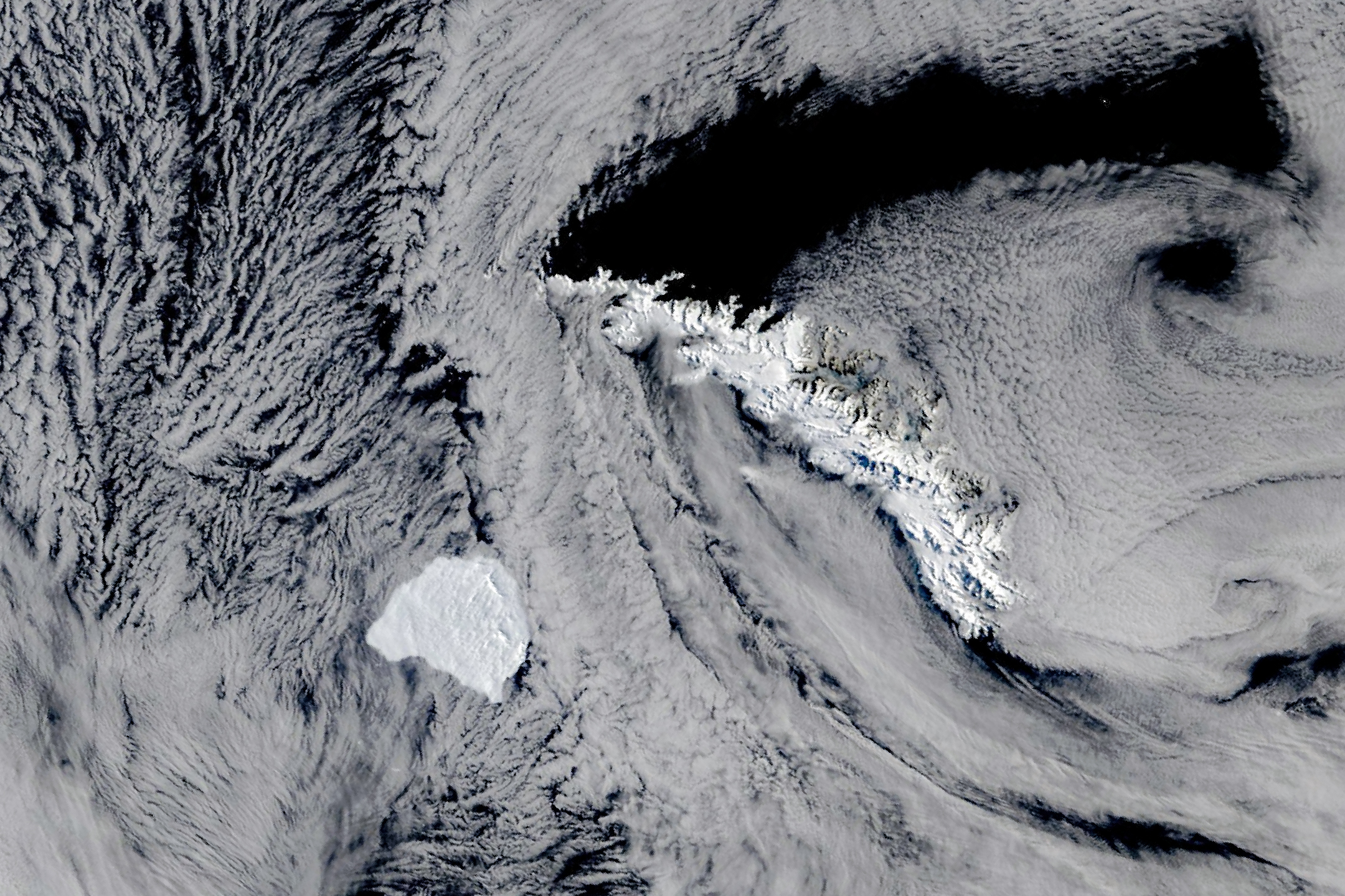 Imagen del satélite Terra del 20 de octubre de 2026: iceberg A-81 cerca de las islas Georgias del Sur.