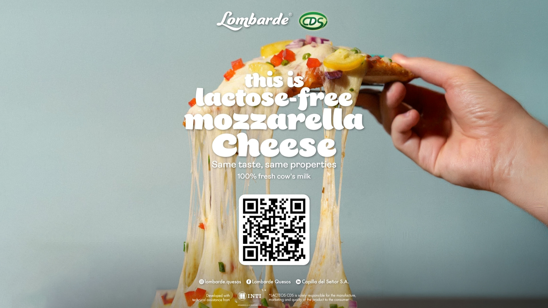 Fotografía de una porción de pizza con mozzarella Lombarde, acompañada por textos promocionales y el sello INTI. Imagen de producto difundida con la noticia; no muestra el embarque a Dubái.