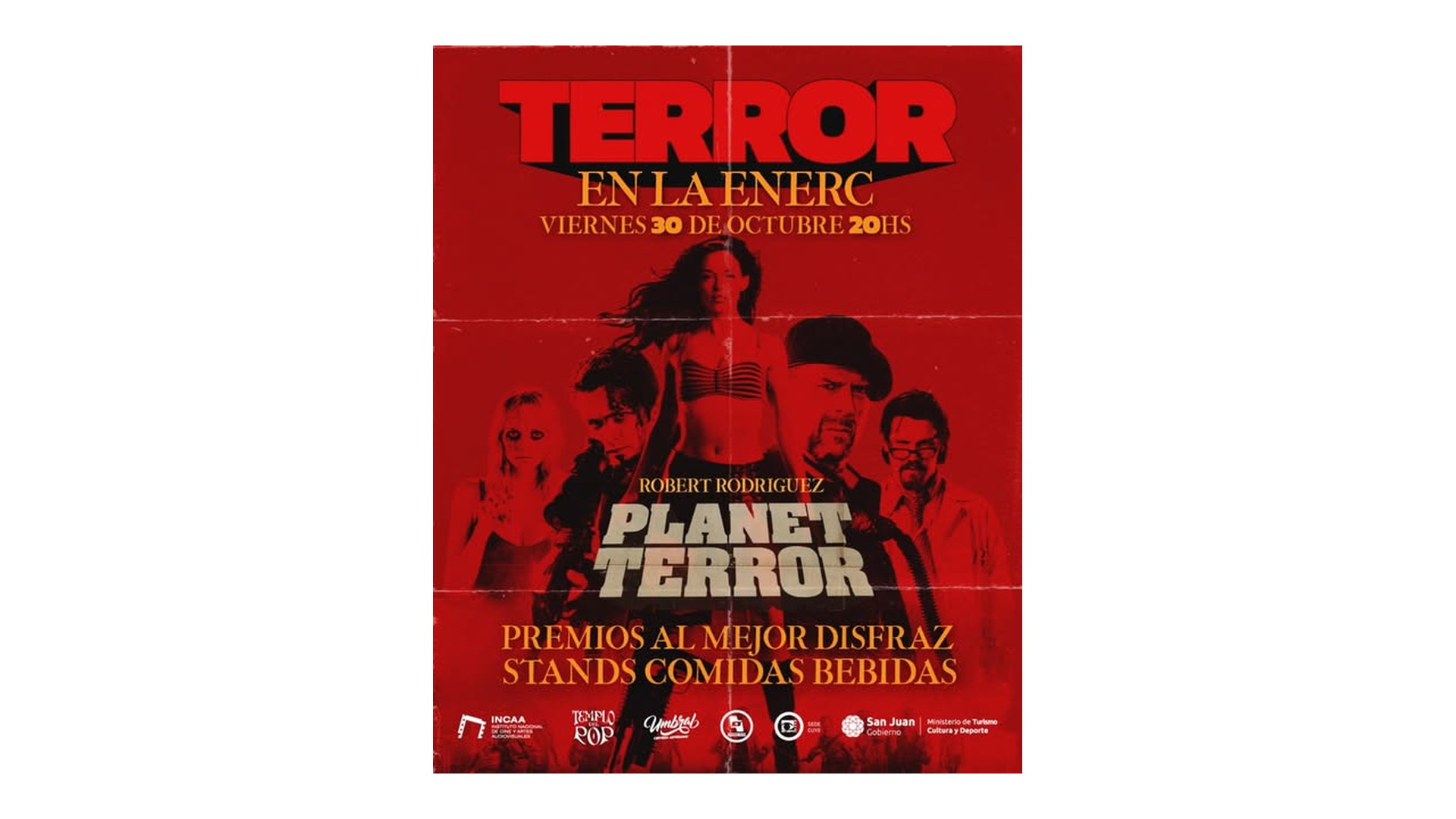 Afiche de Terror en la ENERC: viernes 30 de octubre de 2026 a las 20, con la proyección de Planet Terror y actividades de disfraces. Pie con marcas institucionales y organizadores conservado.