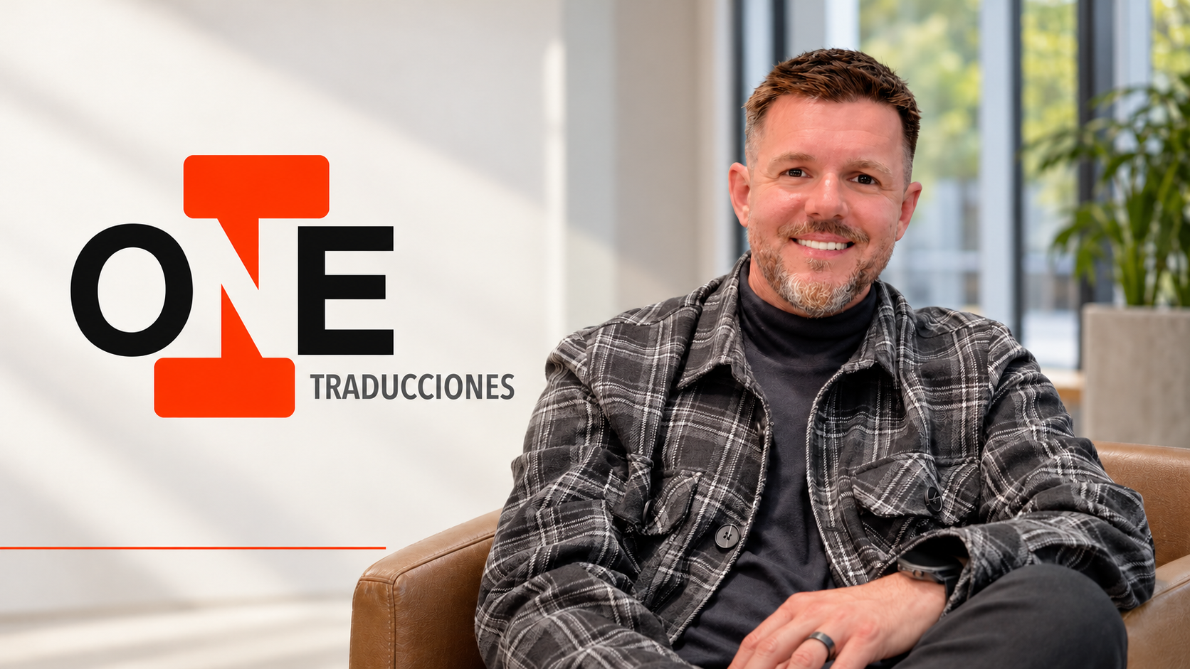 Composición institucional de ONE Traducciones con retrato de un hombre y logotipo de la firma.