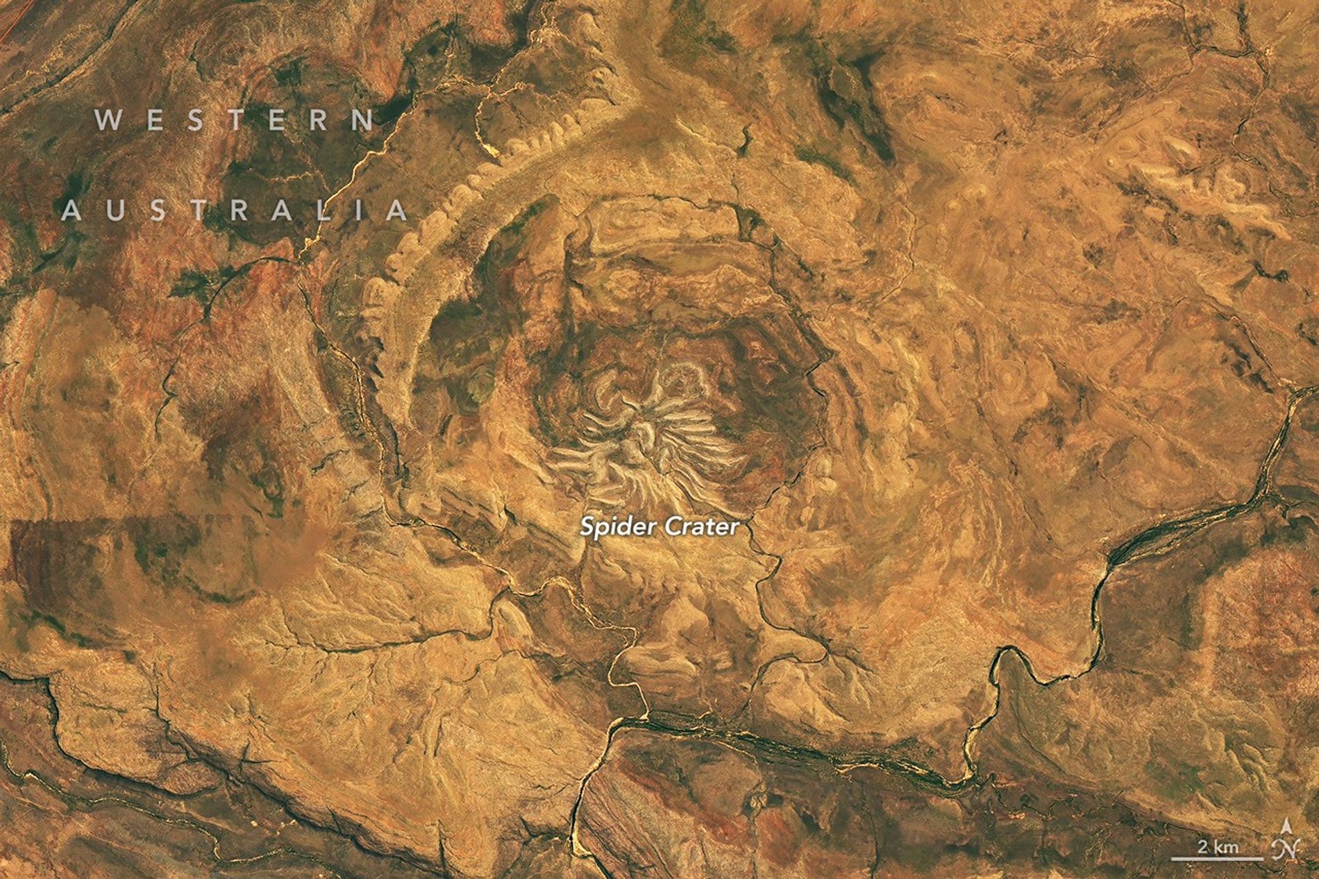 Observación satelital real del cráter Spider, en Kimberley, Australia Occidental, obtenida por Landsat 9 el 20 de septiembre de 2026. Imagen procesada y rotulada por NASA Earth Observatory.