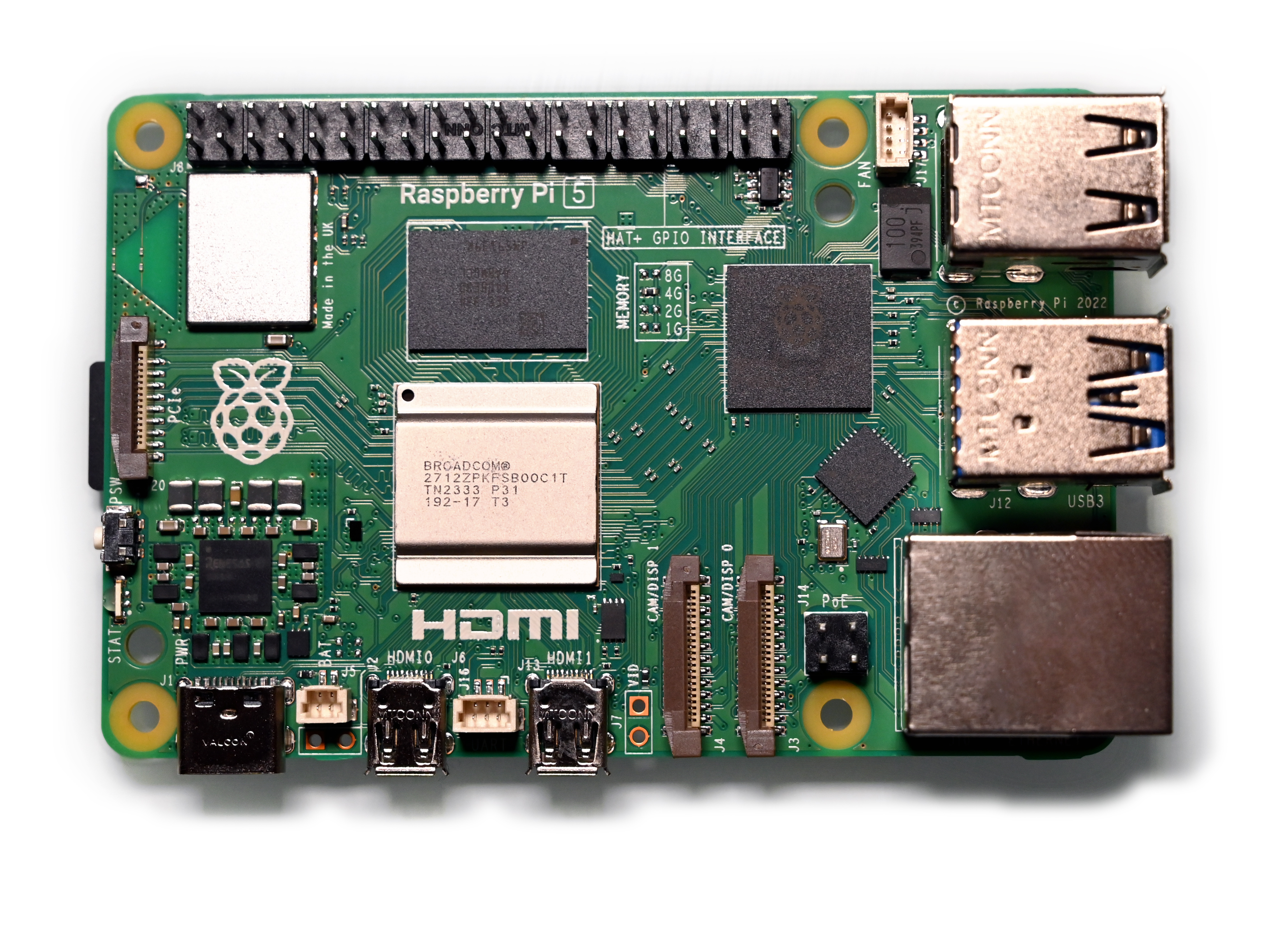 Placa Raspberry Pi 5 vista desde arriba; fotografía de archivo de enero de 2024.