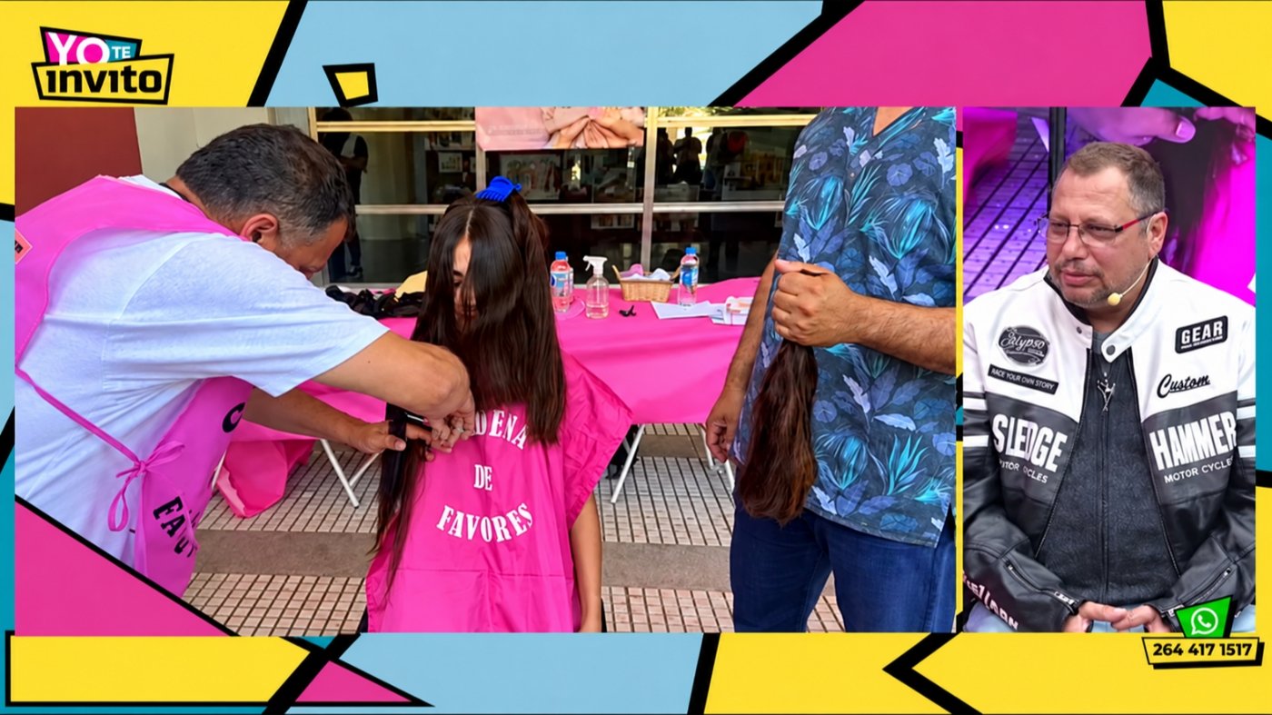 Composición de una donación de cabello y Maximiliano Zacarías entrevistado en Huarpe TV.