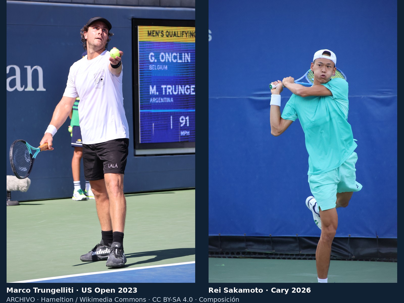 Composición de fotografías de archivo: Marco Trungelliti en la clasificación del US Open de 2023, a la izquierda, y Rei Sakamoto en Cary el 30 de junio de 2026, a la derecha.