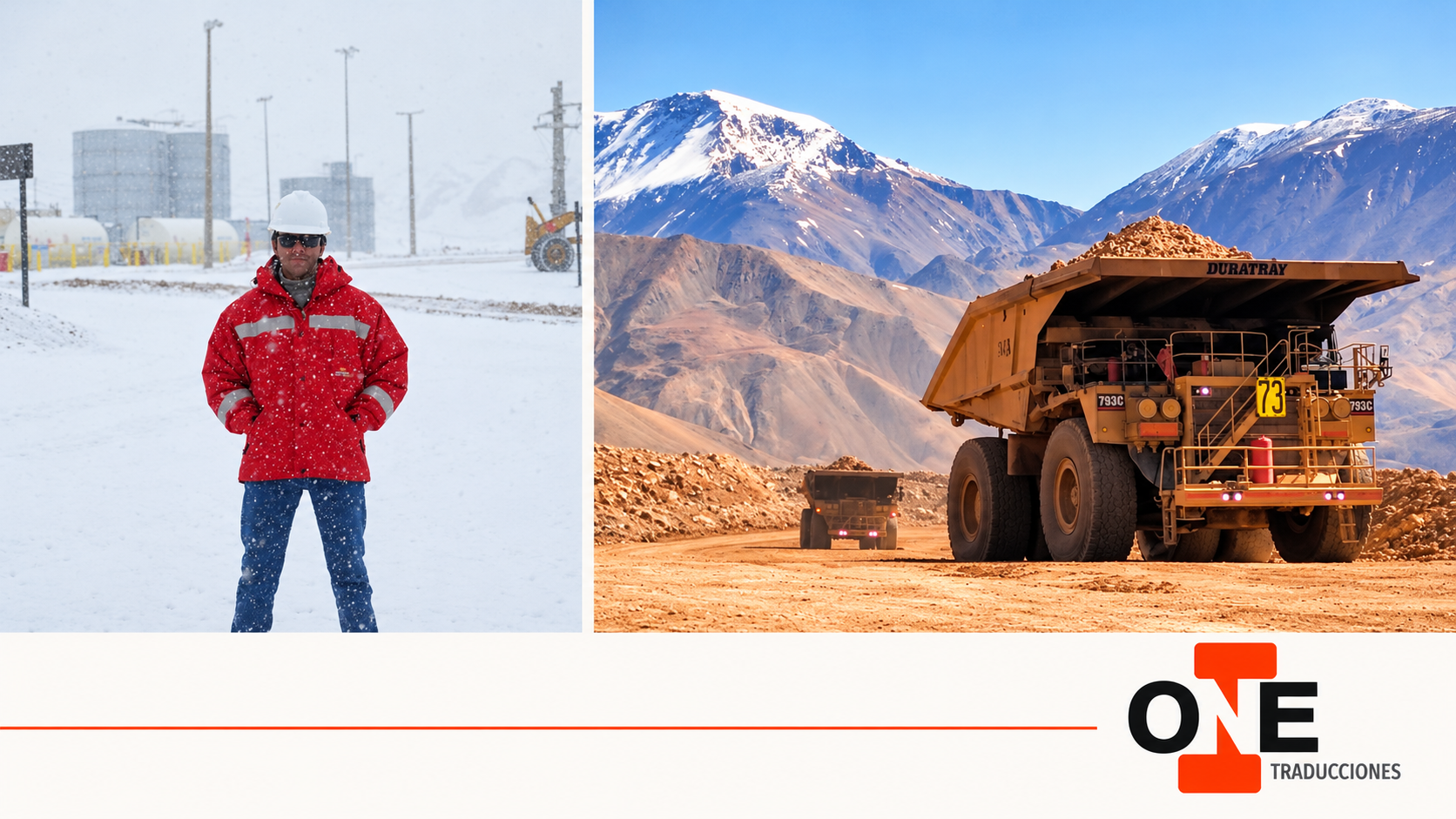 Composición de ONE Traducciones con escenas de actividad minera en nieve y montañas.