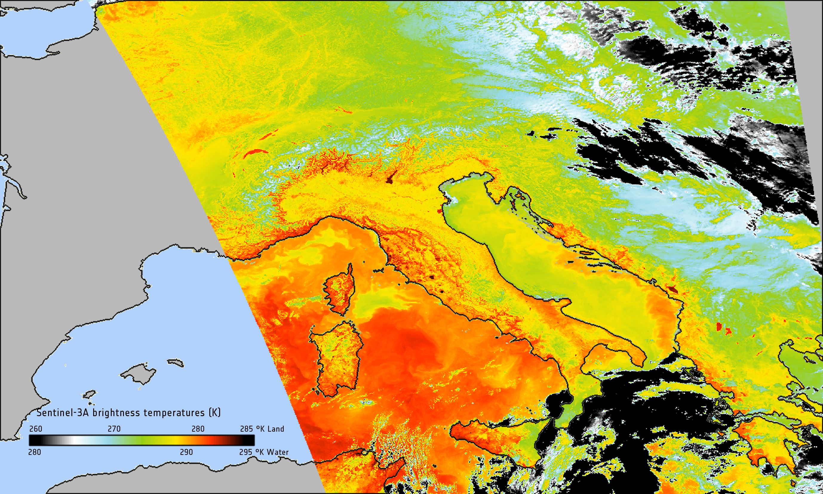 Imagen satelital de archivo de Sentinel-3A publicada por ESA en noviembre de 2016, con temperaturas de brillo sobre Europa. No muestra los nuevos productos L2 de octubre de 2026.