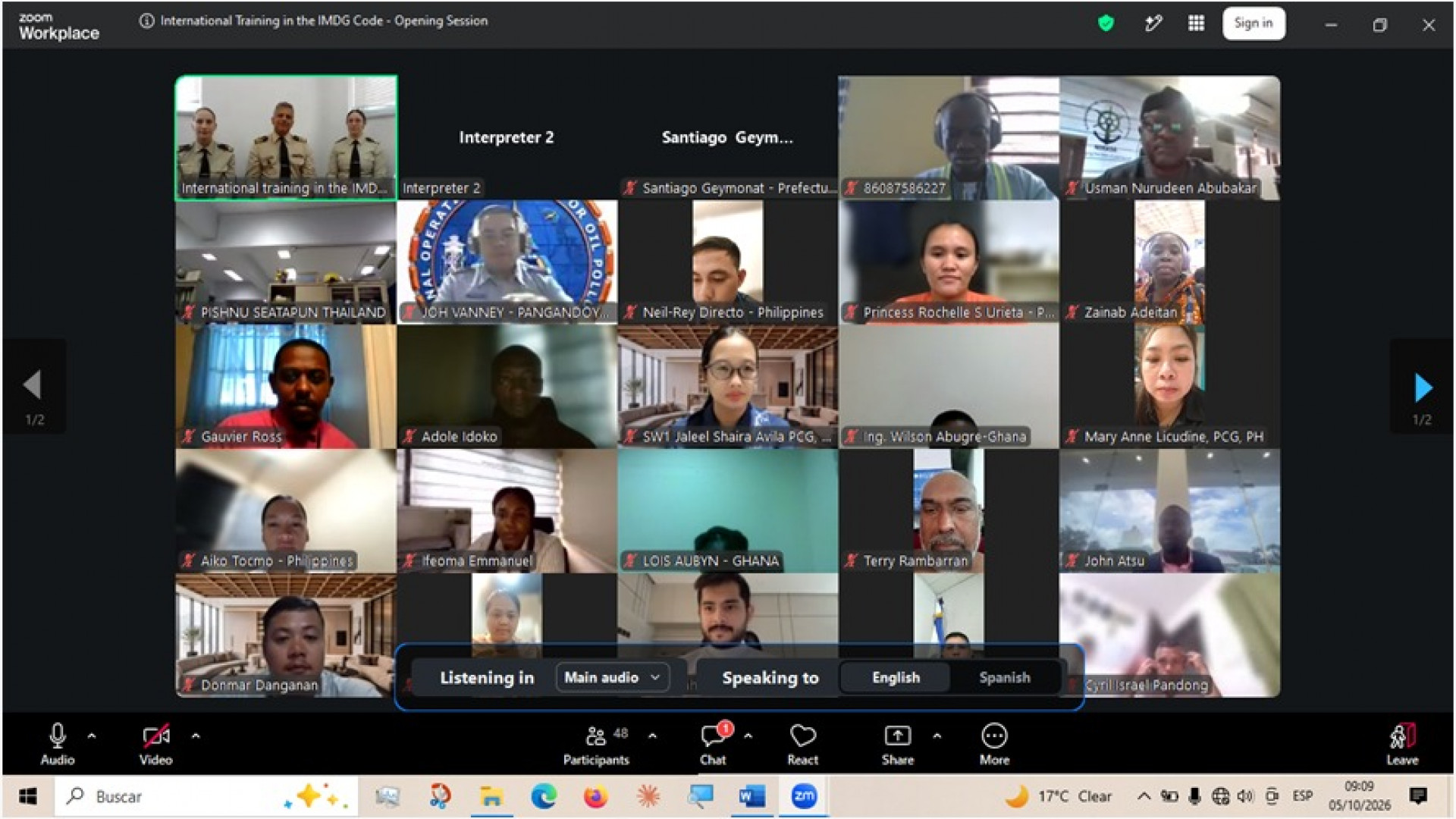 Captura oficial de la videoconferencia de apertura del curso internacional de Prefectura sobre el Código IMDG, el 5 de octubre de 2026.
