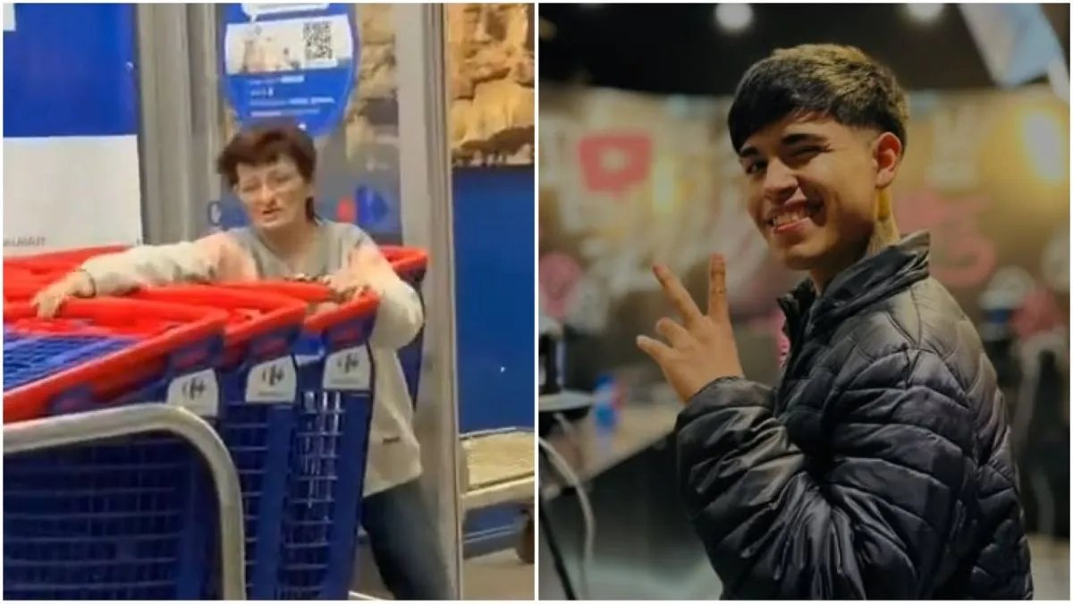 Composición de Sandra junto a carros de supermercado y Santiago Fernández, publicada por 0264 Noticias.
