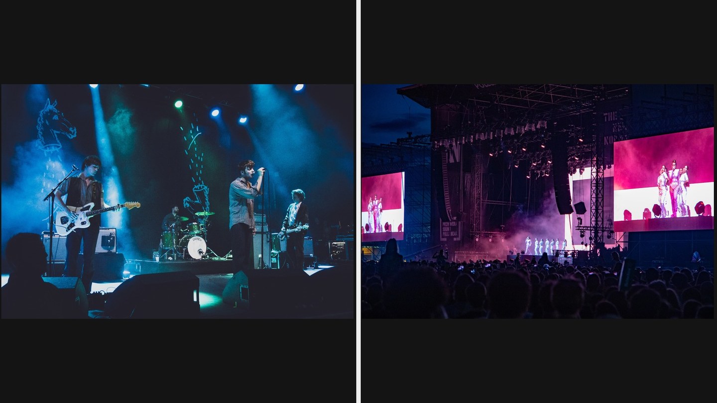 Composición de dos fotos de archivo separadas: Fontaines D.C. en The Forum en noviembre de 2019, a la izquierda; concierto de Rosalía en Primavera Sound en junio de 2019, a la derecha. No actuaron juntos en estas imágenes.