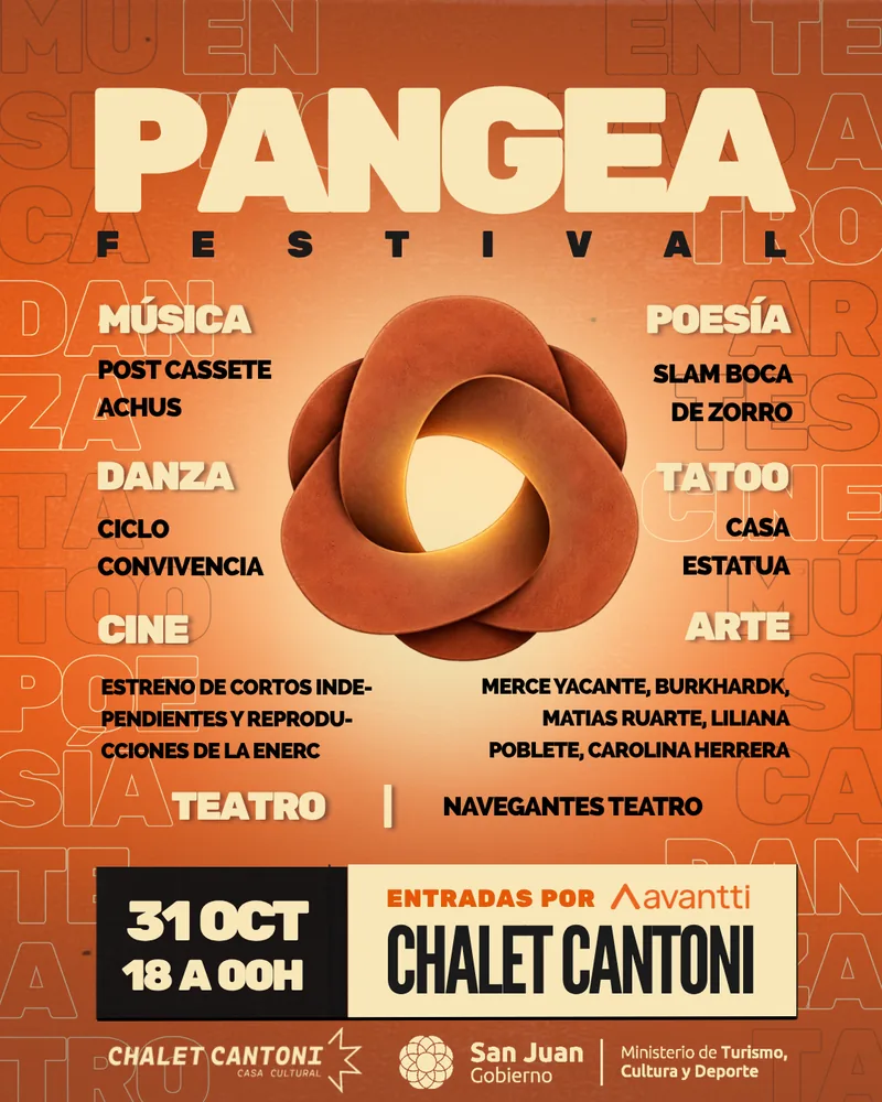 Afiche promocional de Pangea reúne música, cine y artes en el Chalet Cantoni, función del 2026-10-31.
