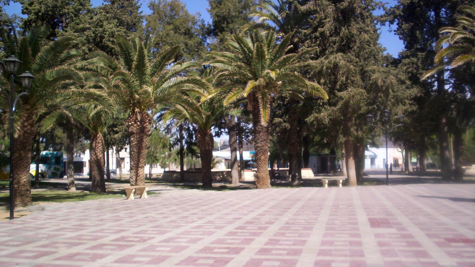 Plaza principal de San José de Jáchal, escenario de la noche del 7 de noviembre de la Fiesta de la Tradición. Fotografía de archivo de octubre de 2009; no muestra los ranchos de 2026. Recorte a 16:9 y reducción a 1600 × 900.